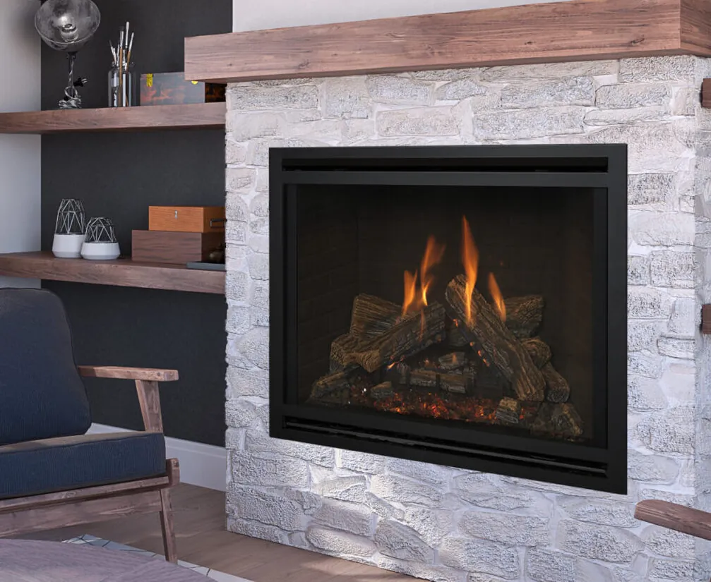 Kozy Heat Nordik 41DV gas fireplace in a stone-clad Wisconsin living room