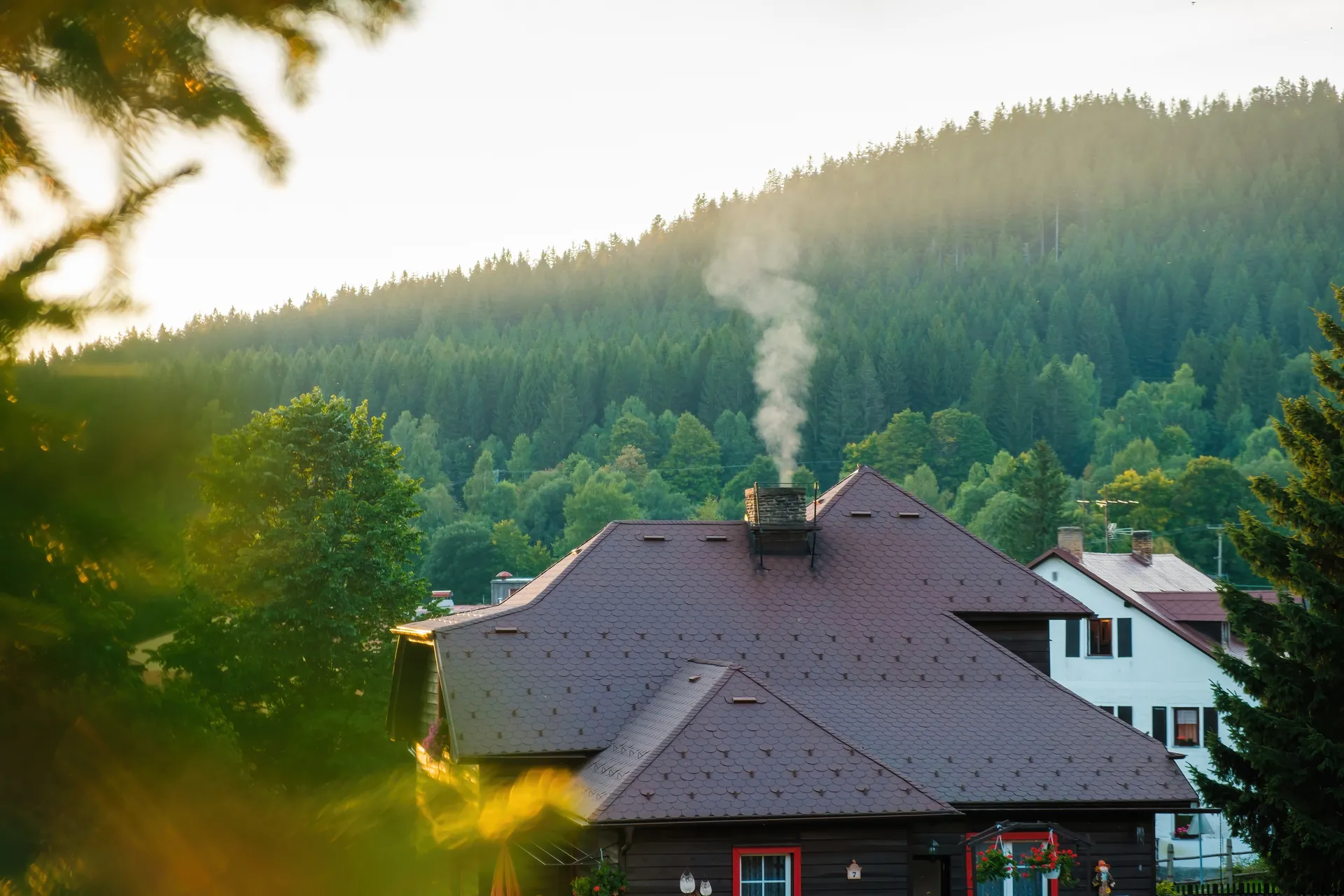 Wisconsin cabin with smoke rising from the chimney