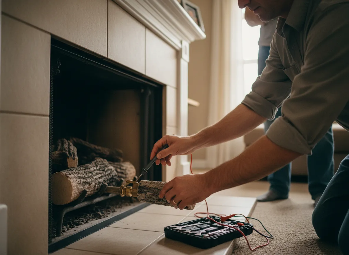 Technician's hands repairing a gas fireplace log set