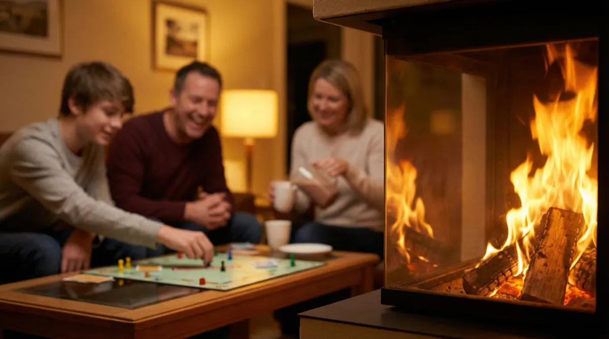 Family playing a board game by a gas fireplace through a Wisconsin winter
