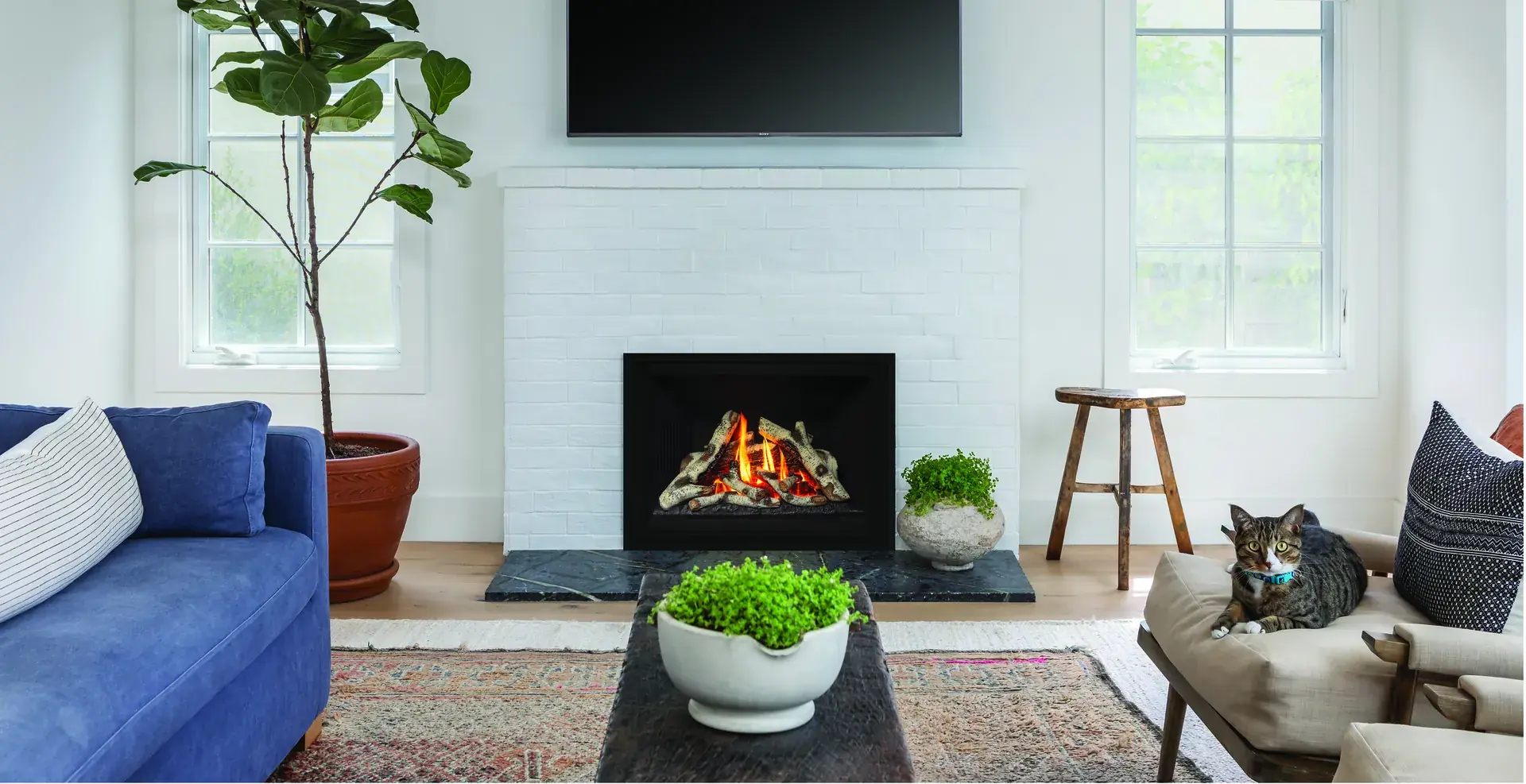 White brick fireplace with cat curled up nearby—Valor lifestyle