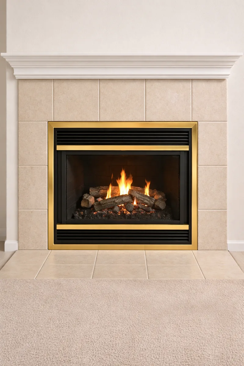 Outdated brass-trim gas fireplace ready for a modern replacement