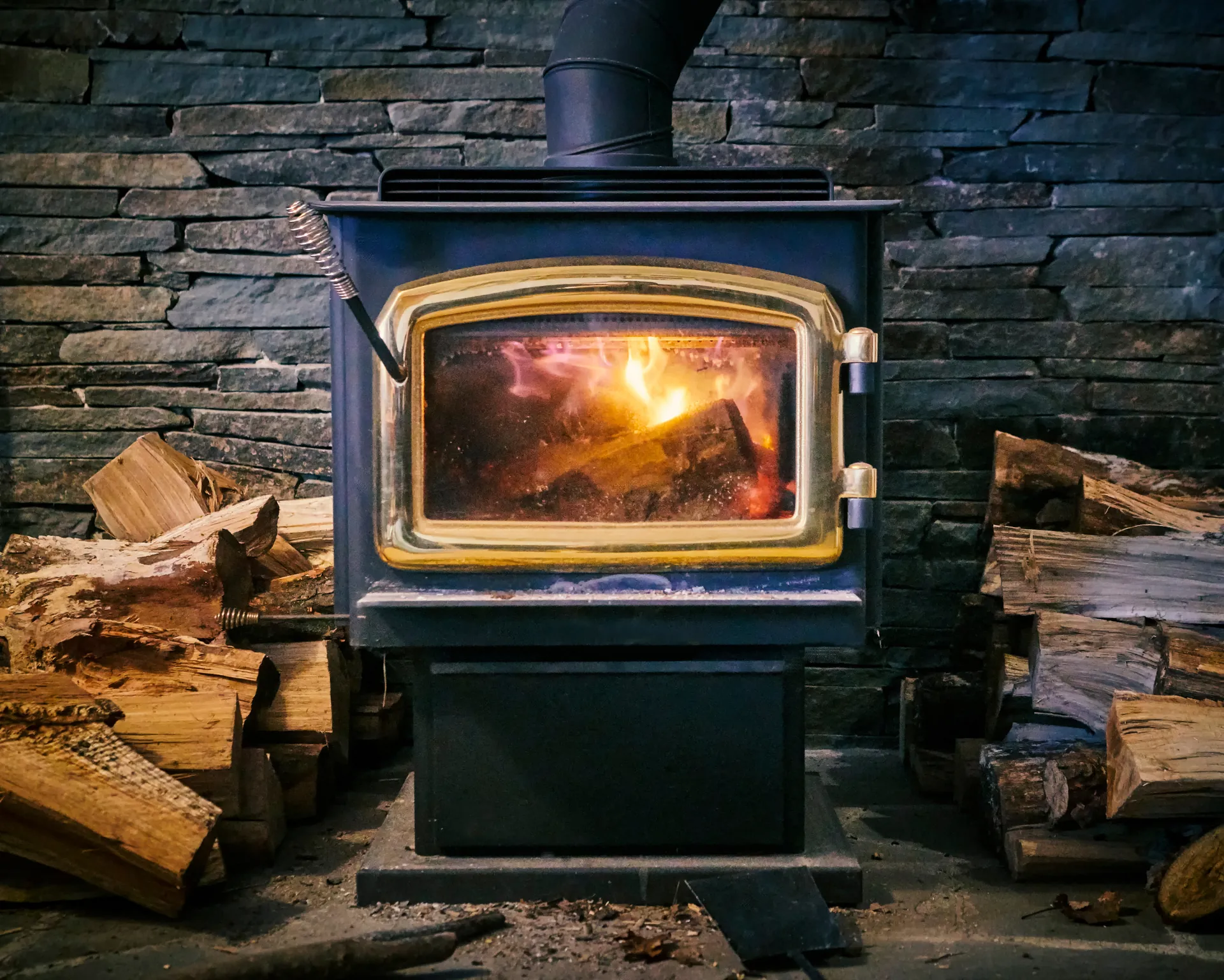 Wood stove burning between stacks of split firewood